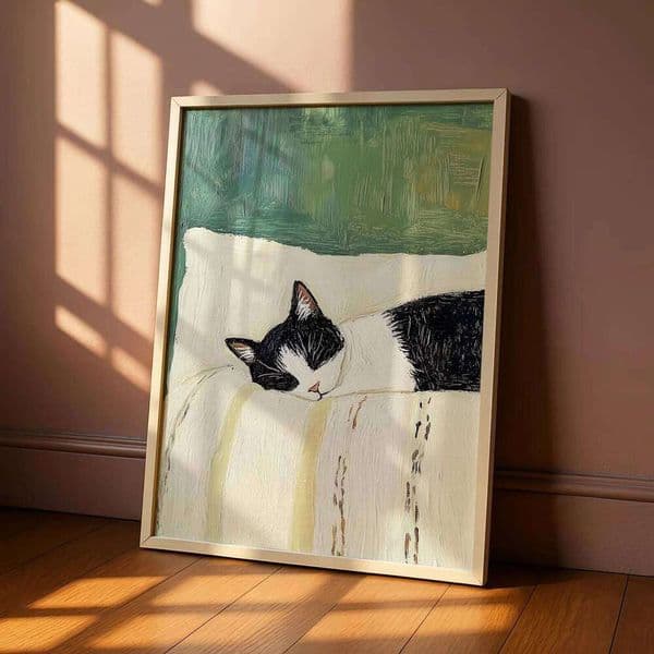 Sleeping Tuxedo Wall Art Print: Black and White Painting, Unframed Cat Poster gift decoration 26Y0511