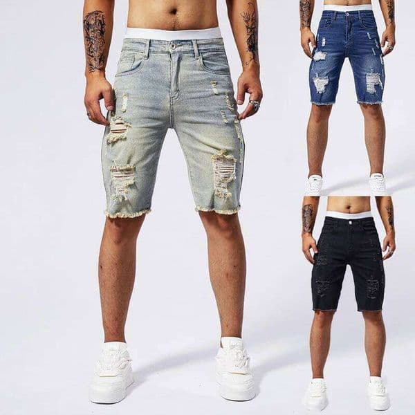 2025 Summer New Men's Ripped Denim Shorts Fashion Vintage Hole Streetwear Stretch Slim Knee-length Short Pants Trendy Brand Male 26L0512