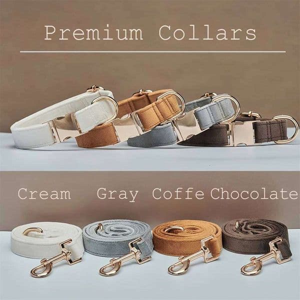 Multiple Colour Velvet Personalise Dog Collar Leash Set with Bow,Brown+Grey+White,Engraved Pet Name Plate Metal Buckle,Wedding P 26L0512