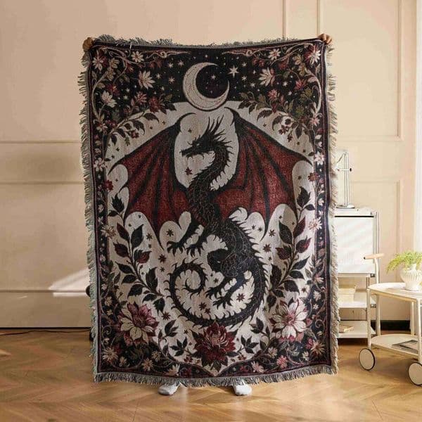 Textile City Fantasy Dragon Moon Floral Jacquard Woven Throw Vintage Folk Home Decor & Autumn Winter Picnic Blanket J260512