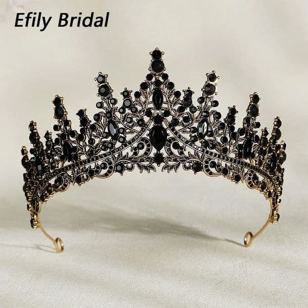 Efily Baroque Vintage Black Crown Tiara Crystal Wedding Hair Accessorie Headband Queen Princess Head Jewelry 260506