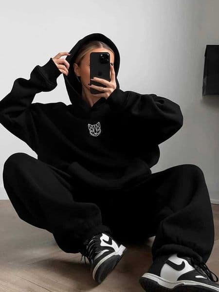 High Street Sports Womens Casual Printed Long Sleeve Hooded Sweatshirt and Sweatpants Set Loose Fleece Fashion Set L260512