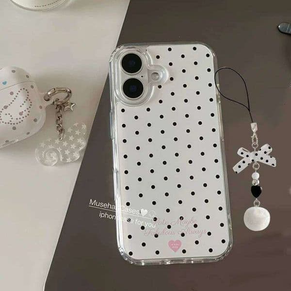 Korean Ins Fresh Retro Black and White Polka Dot Pink Letters Phone Case For iPhone 17 16 15 14 13 12 11 Pro Max Plus Y2K Cover W260512