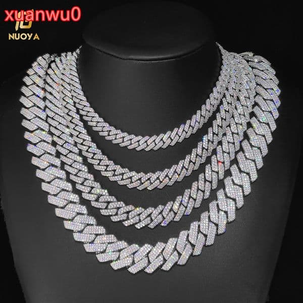 Hip Hop Jewelry 10/12/15/20mm Diamond Cuban Link Necklace for Men Silver Plated Miami Cuban Iced Out Moissanite Prong Cuban Link Chain