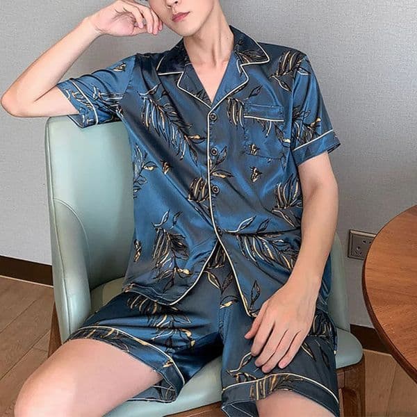 Men Pajama Sets Summer Sleepwear Ice Silk Satin Short Sleeve Pyjamas Suit Loose Loungewear Male Casual Homewear L-5XL 260509