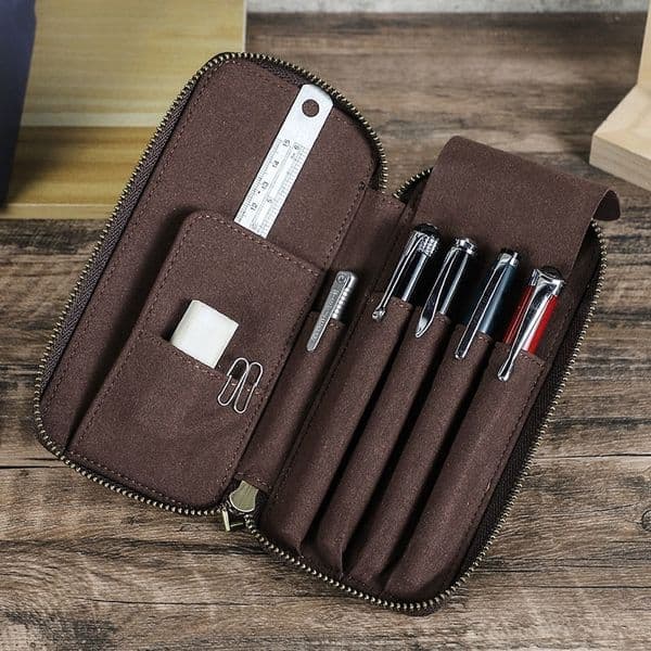 Genuine Leather Pencil Case with 4 Slots Handmade Zipper Fountain Pen Bag Student Stationery Box 260511