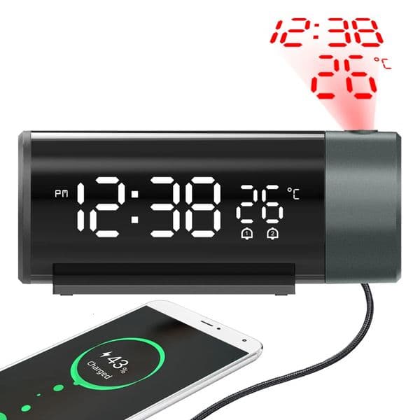 Projection Alarm Clock Digital with 180 Rotatable Projector 4Level Brightness Dimmer for Bedroom 260512