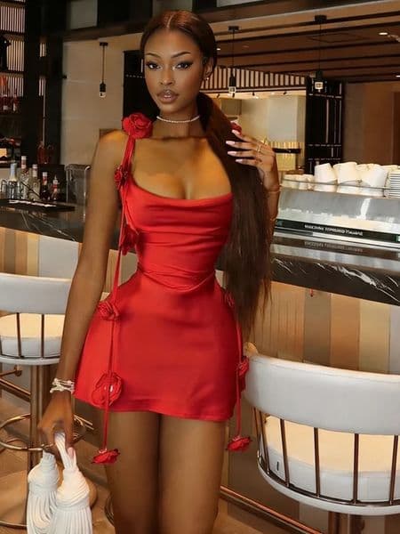 Weird Puss Sexy Bandage Backless Dress Women Strap Low Chest Pin 3d Flower Decoration Birthday Party Stretch Slim Mini Clubwear 260511