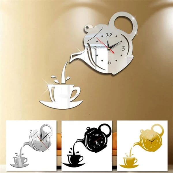 3D DIY Teapot Shape Wall Clock Acrylic Mirror Modern Kitchen Home Decor Sticker Hollow Digital watch home clock 260512