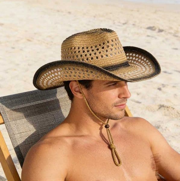 Breathable HollowOut Woven Denim Straw Hat with Black Trim and Contrasting Color with Windproof Strap Suitable for Outdoor Beach Sun Protection Unisex Ho L260512
