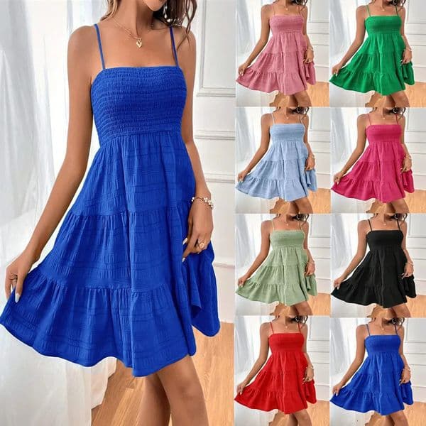 Womens summer one line neckline thin suspender solid color versatile texture dress 260512