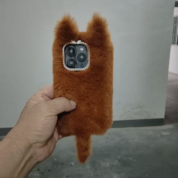 Cute Furry Phone Case with 3D Ears & Tail, Rhinestone Camera Protector, Multi-Color Winter Warm Cover for iPhone 11/12/13/14/15/16/17 Pro Max
