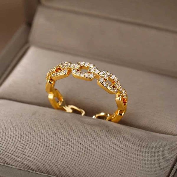 Luxury Zircon Twist Chain Open Rings For Women Stainless Steel Gold Color Geometric Ring Vintage Aesthetic Jewelry Gift femme Z260512