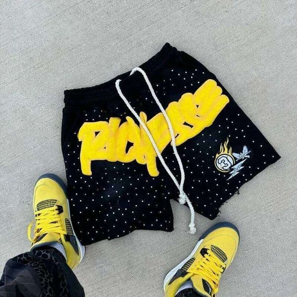 Y2K Harajuku Men's Rhinestone Letter Print Sweatpants Fashion Trend Quick Drying Casual Comfortable MOTO Shorts W260512