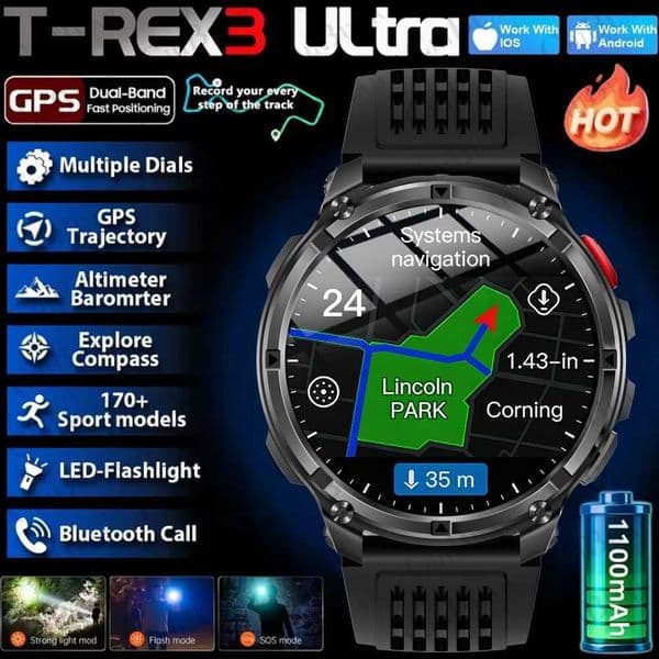 2026 New T-Rex3 Pro 1100mAh Battery Smart Watch GPS path 5ATM Waterproof Sports Run tracker Outdoors Compass Military Smartwatch T2605126LDS