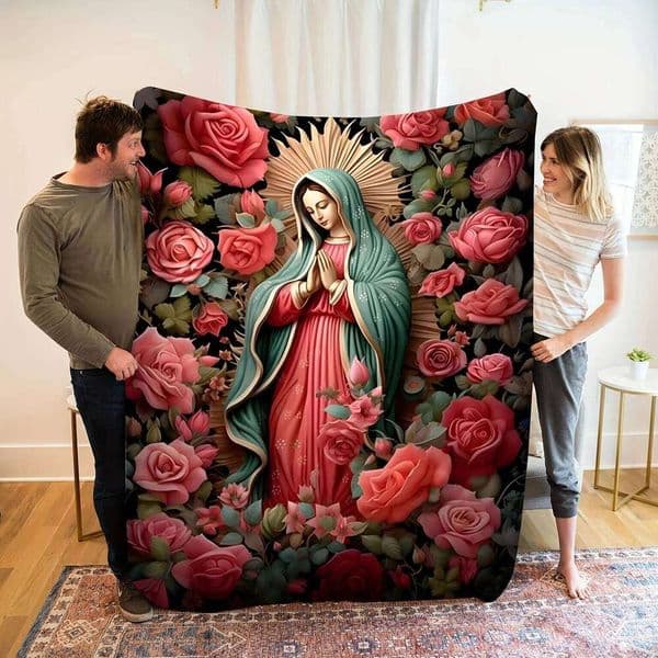 Virgin Mary Roses Print Flannel Blanket, Soft Warm Throw with Our Lady Design, Perfect for Home & Gifts J260512