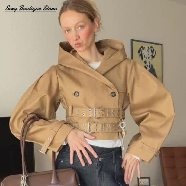 Chic Punk Trench Coat For Women Full Sleeve Loose Hooded Crop Coat Lapel Bat Sleeve Long Coats Lady Y2k Fall Outwears 260512