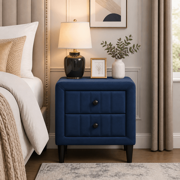 Navy Blue Velvet Upholstered Nightstand With 2 Drawers Modern Bedside Table With Storage Elegant Accent End Table 20 Inch