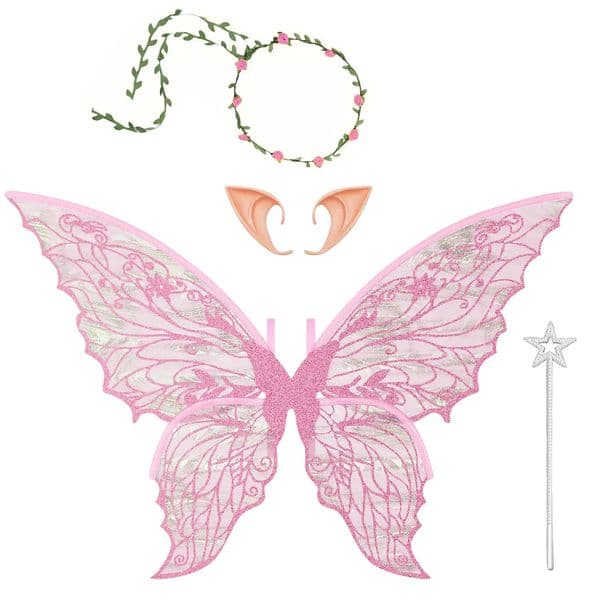 Fairy Wings for Adults and GirlsFairy Costume Set with Floral Garland Hair Tinsel Wand Elf Ears 260512