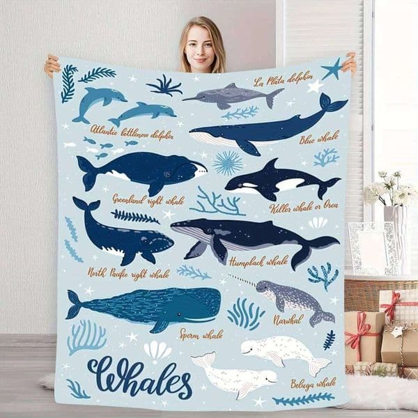 Ocean Whale Dolphin Flannel - Soft Warm and Cozy Blue Theme Blanket for Sofa/Bed/Travel, Perfect Gift, High Quality J260512