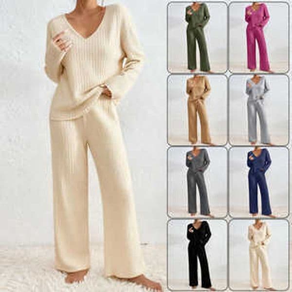 2025 Autumn Winter Hot-Selling New V-Neck Loose Casual Ribbed Brushed Long Sleeve Womens Set L260512