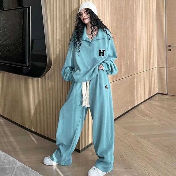 Plus-size casual sports suit for women early spring thin loose large-size sweatshirt wide-leg pants two-piece set trendy L260512