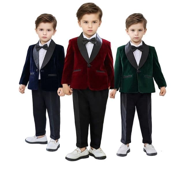 Boys Formal Velvet Suit Set Child Birthday Dress Wedding Party Pography Piano Recital Costume Kids Blazer Pants Bowtie Outfit 260327BJ