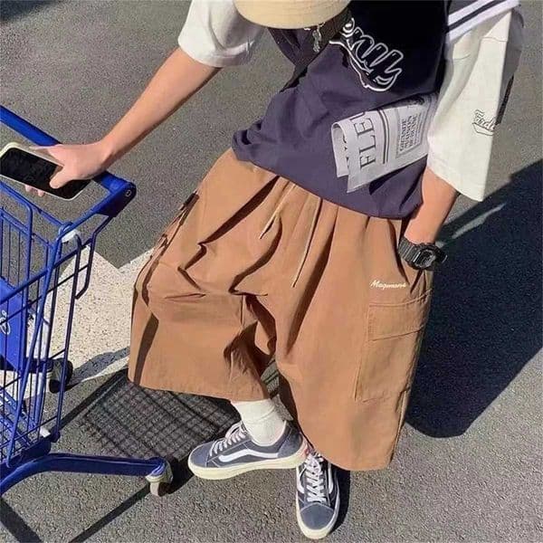 Fashion Bf Loose Streetwear Women Cropped Pants Japanese Hip Hop Pockets Cargo Wide Leg Trousers Retro Casual Straight Pants Men L260512