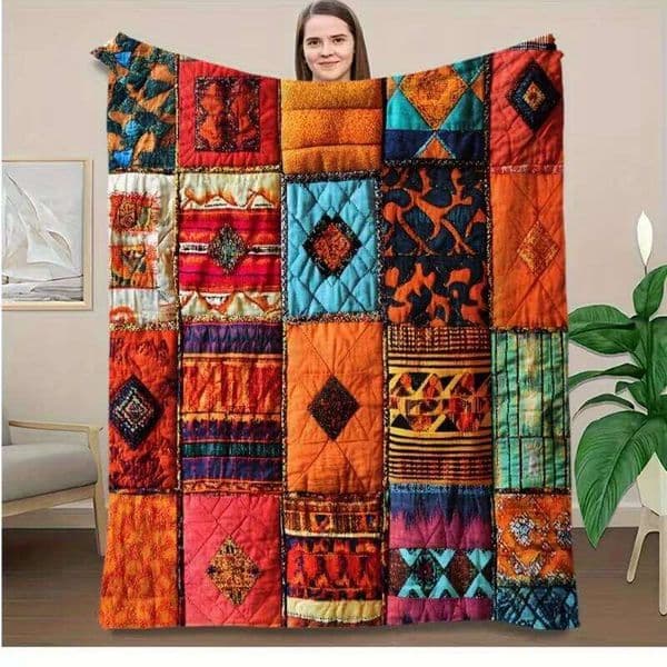 Bohemian Patchwork Geometric and Floral Flannel Blanket All-Season Soft Warm for Sofa Bed Camping Travel Stitch Home Decor Gift, W260512