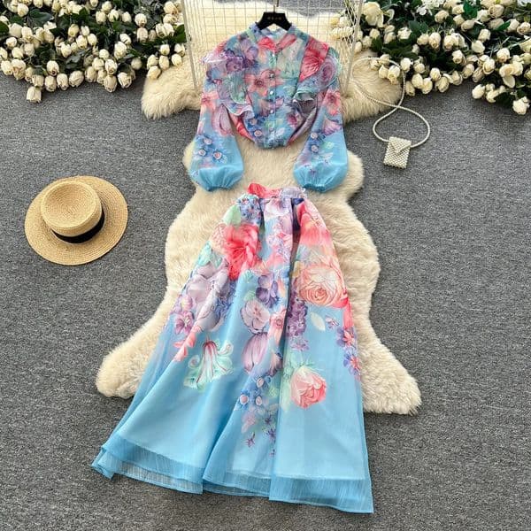 Women Two Piece Sets Skirt Set Full Sleeve Print Floral Short Tops Long Skirts A Line High Waist Y2k Streetwear Elegant Work 260511