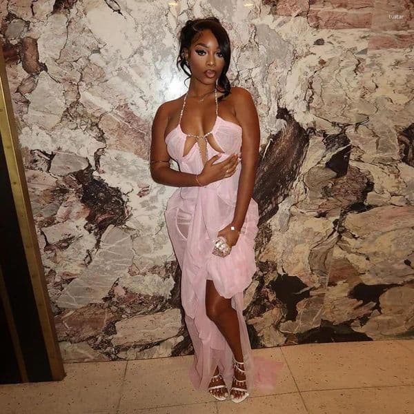 Casual Dresses Hollow Out Diamond Chain Halter Backless Sheer Mesh Vacation Beach Maxi Dress Women Sexy V Neck Sleeveless Ruched Party