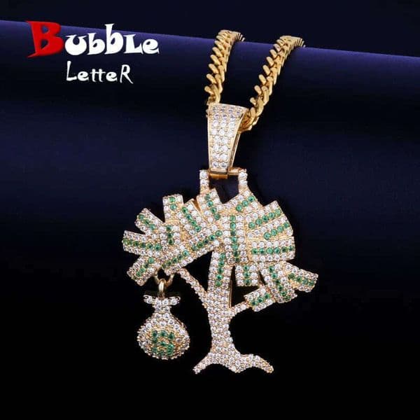 Cross-border supply European and American bag money tree pendant necklace for men, copper inlaid with zircon, hip-hop trendy jewelry