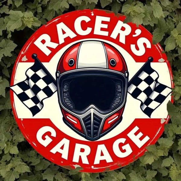 Vintage Racers Garage Metal Sign - 78x78 Retro Race Helmet Checkered Flag Red White Distressed Bar Cafe Decor T260512
