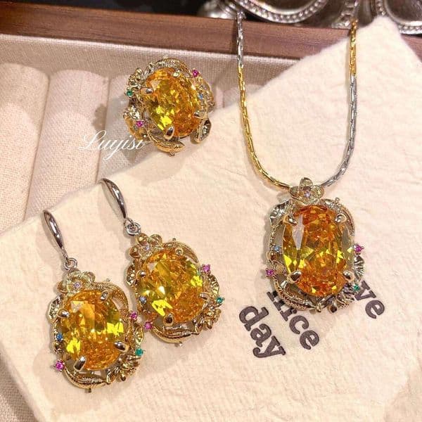 French Retro Palace Style Pisces Playing with Set Brilliant Yellow Diamond Lotus Leaf Colorful Gem Pendant Earrings Open Ring for Women