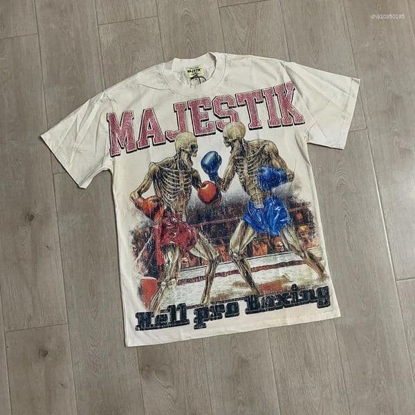 Men's T Shirts Summer Hip Hop Boxing Skeleton Print Cement White Dirty T-Shirt Men Women Flash Diamond Majestik Shirt Tee With Tags