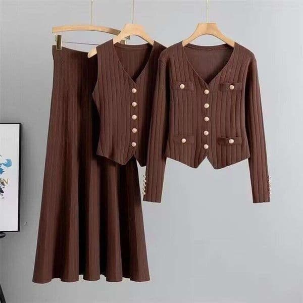 Fashionable Women's Outfit In Korean Style: Long-Sleeved V-Neck Single-Breasted Knitted Jacket Three-Piece Set With Vest And High-Waisted Wide-Leg Knitted Set