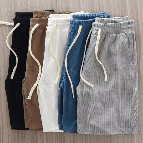 Men Shorts Solid Color Mid Waist Summer Motion Waffle Texture Deep Crotch Drawstring Male Shorts Loose Knee Length Casual Short 260507
