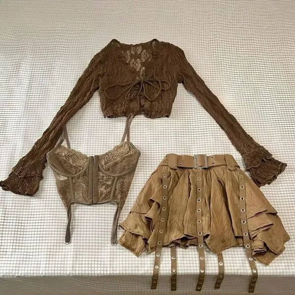 Harajuku Vintage Fashion 3 Piece Set Woman Short Cardigan Slim Vest Y2k E-Girl High Waist Skirt Girls Korean Style Suit 260511