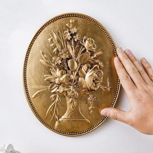 1pcs 10in Elegant Retro Wooden Golden Oval Floral n 2D FlatPrint Wall Hanging Home Bedroom Decoration Artisitc Decorations 260512