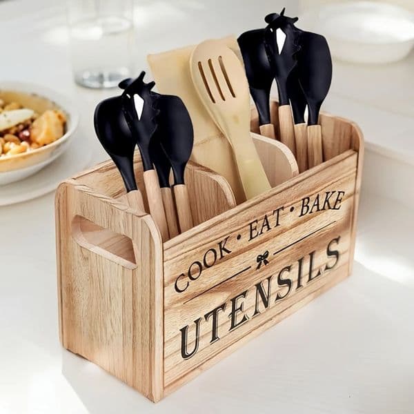Kitchen Utensil Rack with Three Compartments Rustic Wooden Storage Box Vintage Tableware Farmhouse Dish Cabinet Forks Spoo 260507