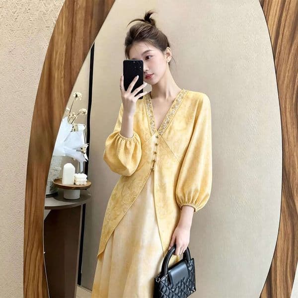 In Stock French Style Elegant Yellow Jacquard For Women New Spring Model Petite Size Unique And Sophisticated Long Dress Luanyun
