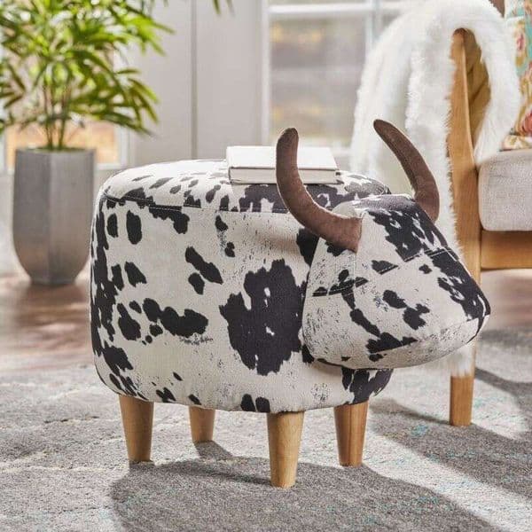 Animal Ottoman/Footstool, Black and White Cow-Shaped Ottoman, Modern Accent Stool Home Decor, Suitable for Living Room, Bedroom, Porch, Garden, Backard,