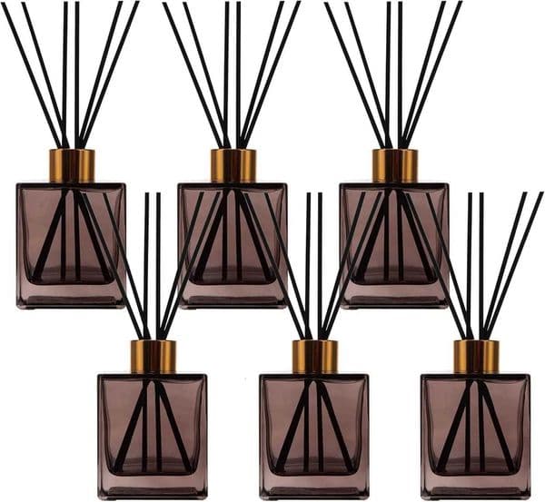 6-Pack Brown Square Glass Reed Diffuser Bottles with Gold Caps and Black Sticks 200ml for DIY FragranceJ260512