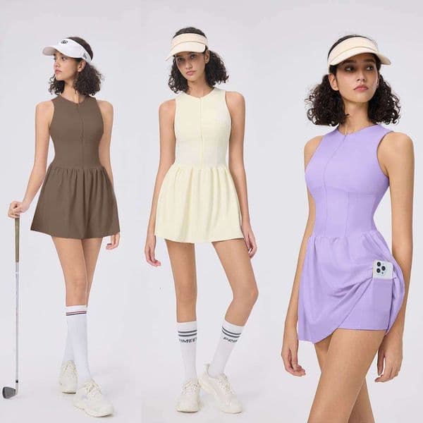 Spring Summer New Sports Two-Piece Set Golf Round Neck Dress Women Running Anti-Exposure Feather Tennis Skirt Makoufei