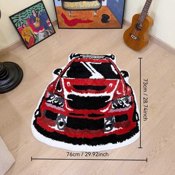 Red Racing Car Tufted Rug Soft Fluffy Anti-Slip Sport Car Shaped Flocking Floor Mat for Bedroom Game Room JDM Style Home Decor T260512OWKP