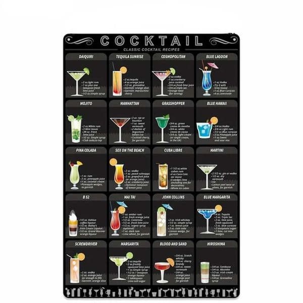 Metal cocktail Menu Tin Sign Retro Mixology Recipe Lovers Guide Bar Pub Iron Chain Hanger Decor Drink Alcoholic Poster Rustic T260512