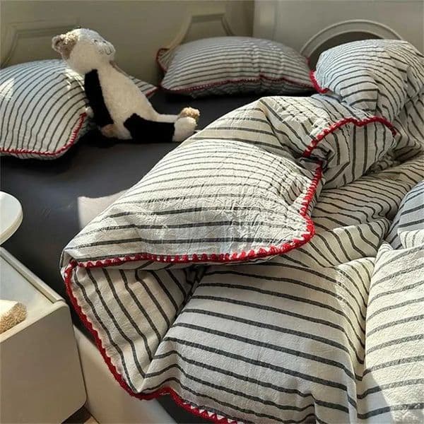 2026 Nordic Striped Set Minimum Down Duvet Cover And Bed Sheet Pillowcase Washable Cotton Home Bedding Adult Free Shipping 03