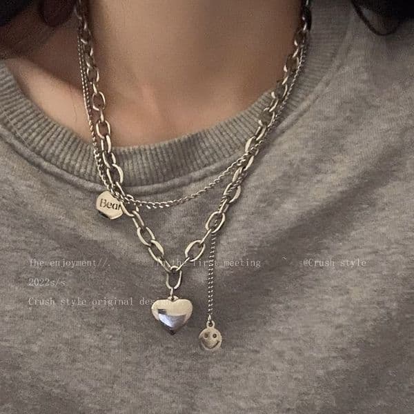 Heart Double Layer Titanium Steel Necklace for Women, Ins Hip-Hop Style Versatile Sweater Chain, Fashionable High-End Smiley Face Pendant Accessory