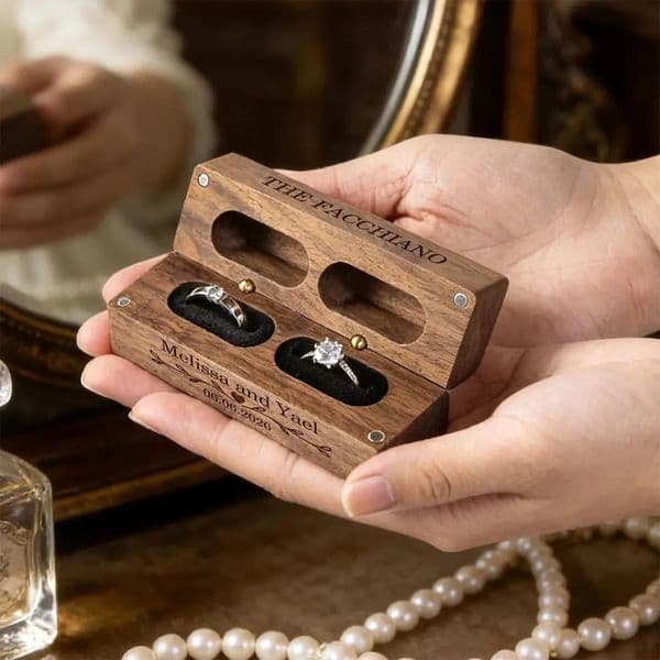Custom Engraved Wooden Wedding Ring Box Personalized Double Bearer Rustic Ceremony Holder 260512