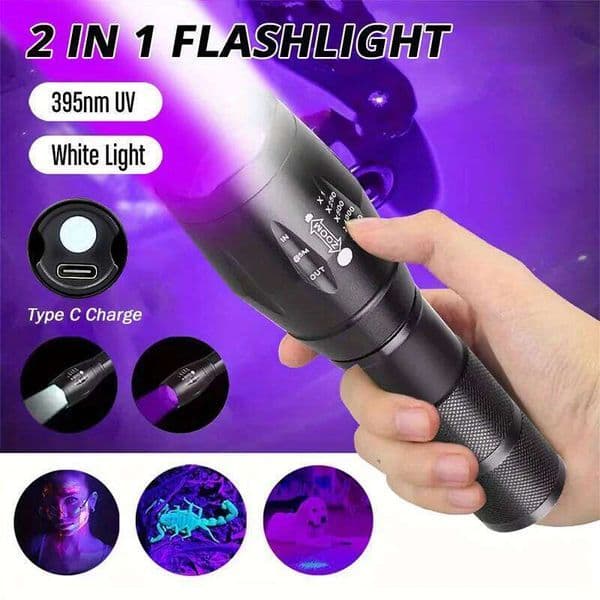 2 In 1 Ultraviolet Flashlight Purple White Dual Light Zoomable Torch Built in Battery Recharge Scorpion Hunting UV Flashlights S260509